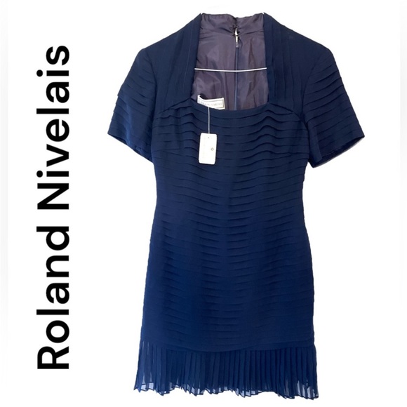Roland Nivelais 100%Silk Navy Pleated Square Neck Short Sleeve Dress Sz12 NWT